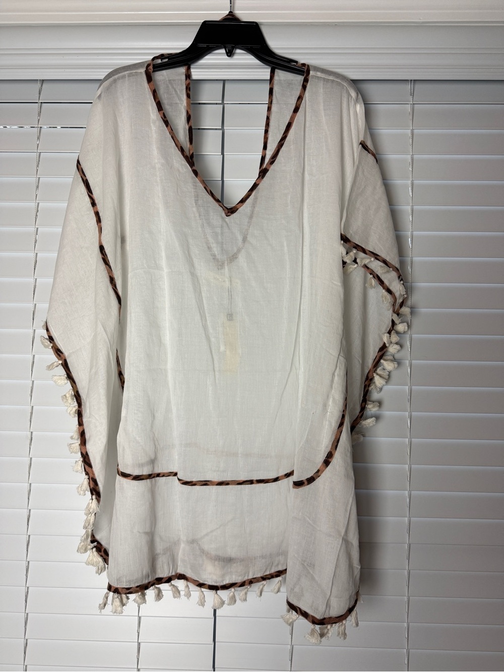 Cream Tassel Beach Cover-Up with Brown Trim